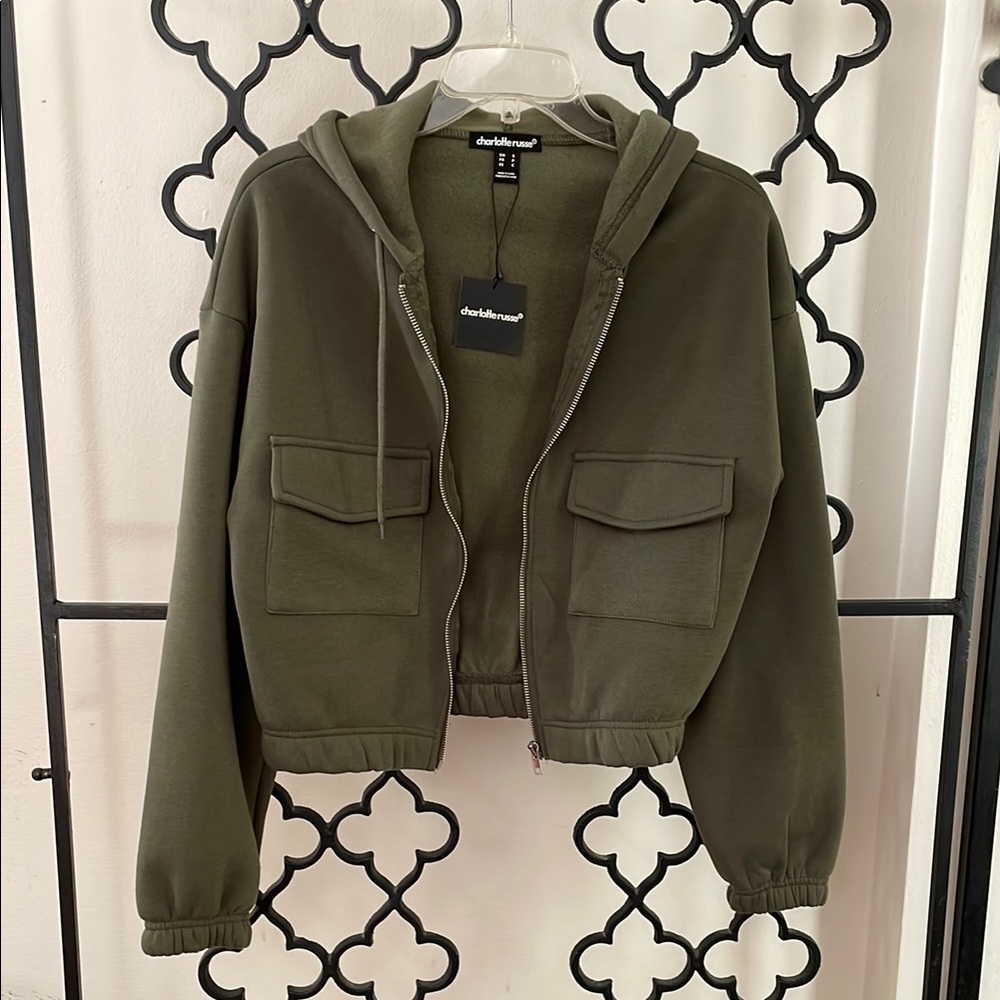 NWT Olive Cropped Full Zip Hoodie Sweatshirt Jacket